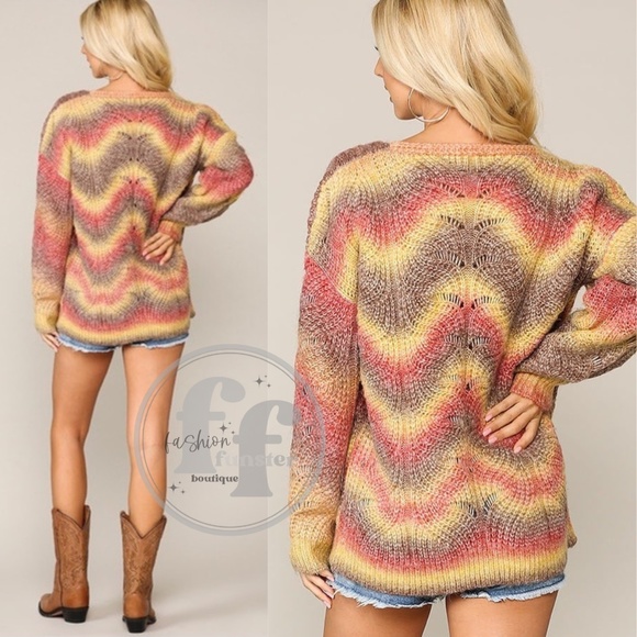 Gigio Autumn Sunset Fall Foliage Wavy Ombre Stripe Open Knit Pastel Sweater - Picture 5 of 6